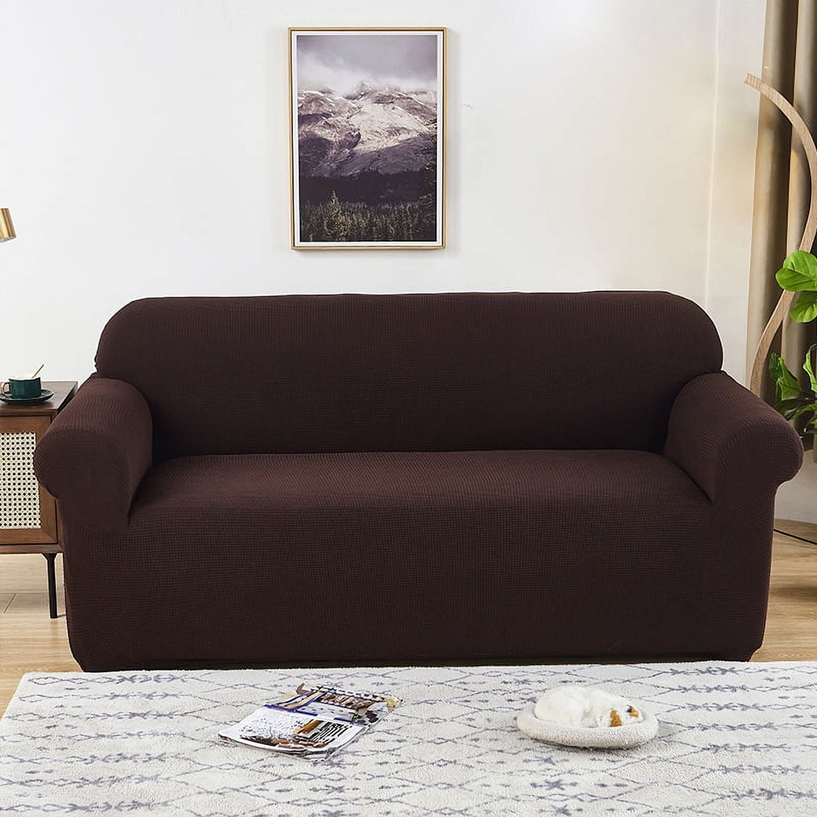 1/2/3/4 Seater Soft Touch Plush Stretch Fabric Sofa Cover, Nonslip Luxury Thick Stretch Sofa Slipcovers Ultra Soft Plush Couch Protector with Elastic Band, Perfect for Home Decor,Coffee, 1-Piece
