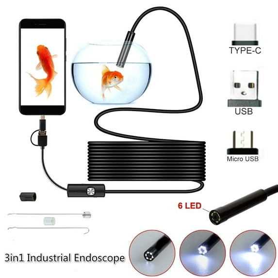 1/2/3.5/5M USB Endoscope 3 In 1 Borescope 6 LED 5.5mm Ultra Thin Waterproof Inspection Snake Camera Micro USB and Type C for OTG Android, PC, Notebooks Windows Mac