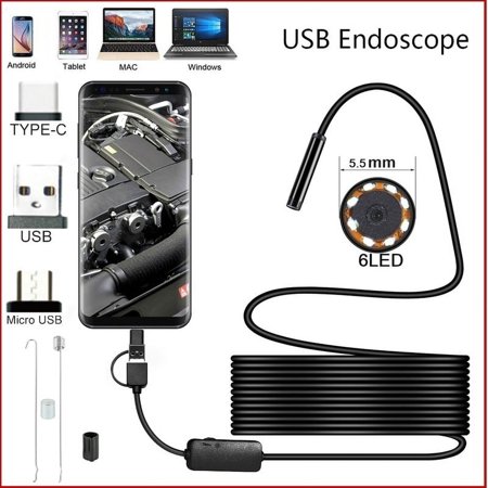 1/2/3.5/5M USB Endoscope 3 In 1 Borescope 6 LED 5.5mm Ultra Thin Waterproof Inspection Snake Camera Micro USB and Type C for OTG Android, PC, Notebooks Windows Mac