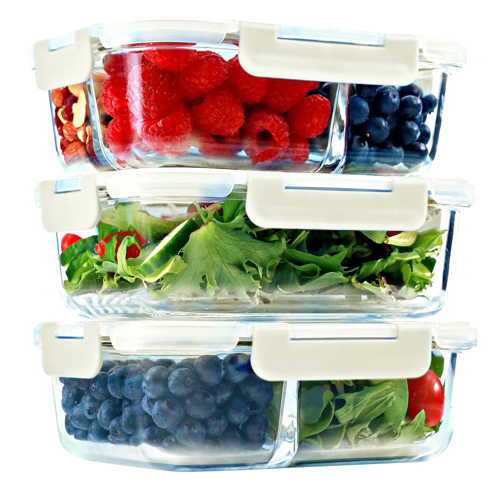 1 & 2 & 3 Compartment Glass Meal Prep Containers (3 Pack, 35 Oz)- Food Storage Containers with BEIGE Lids, Portion Control, BPA Free, Microwave, Oven and Dishwasher Safe, Airtight, Leakproof