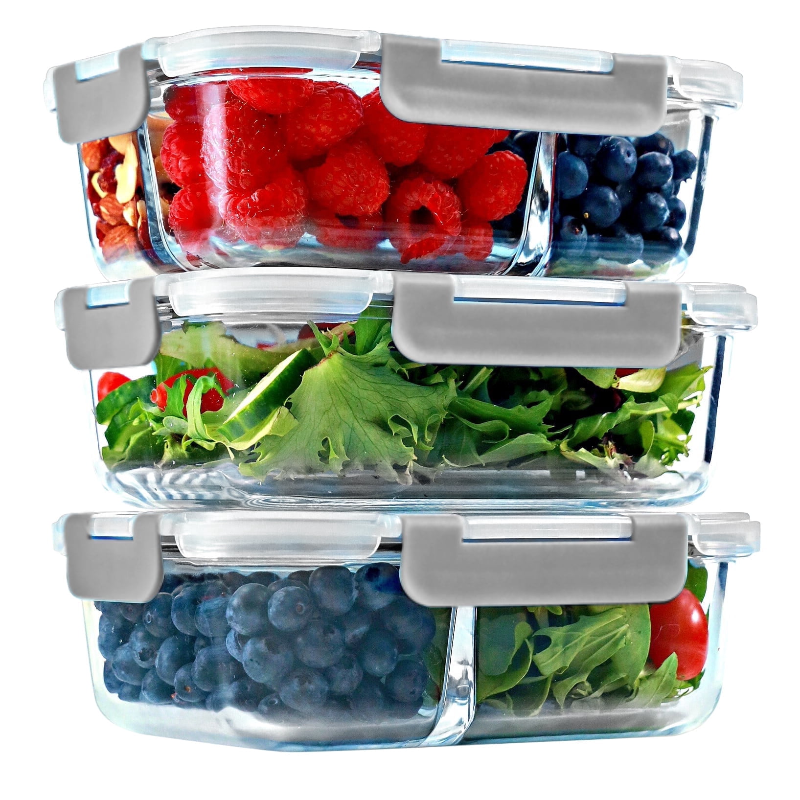 1 & 2 & 3 Compartment Glass Meal Prep Containers (3 Pack, 35 Oz)- Food Storage Containers with GRAY Lids, Portion Control, BPA Free, Microwave, Oven and Dishwasher Safe, Airtight, Leakproof