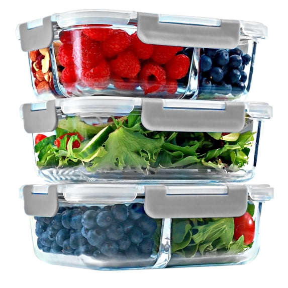1 & 2 & 3 Compartment Glass Meal Prep Containers (3 Pack, 35 Oz)- Food Storage Containers with GRAY Lids, Portion Control, BPA Free, Microwave, Oven and Dishwasher Safe, Airtight, Leakproof