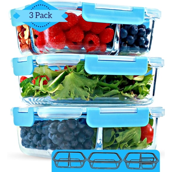 1 & 2 & 3 Compartment Glass Meal Prep Containers (3 Pack, 35 Oz)- Food Storage Containers with Lids, Portion Control, BPA Free, Microwave, Oven and Dishwasher Safe, Airtight, Leakproof