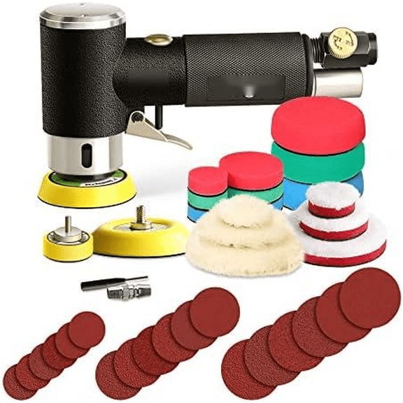 1/2/3 Inch Random Orbital Air Sander, Mini Pneumatic Sander for Auto Body Work, High Speed Air Powered Polisher with 15 Polishing Buffing Pads,18 Sandpapers$$Tools