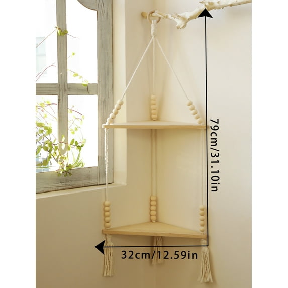 1/2/3-Layers Corner Shelf Wood Display Stand Boho Home Decoration Pastoral Style Macrame Handmade Floating Shelves Living Room
