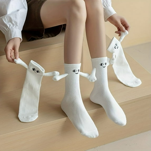 1/2/3 Pairs Unisex Adorable Holding Hands Magnetic Crew Socks, Comfy Breathable Casual Thermal Socks, Winter & Autumn