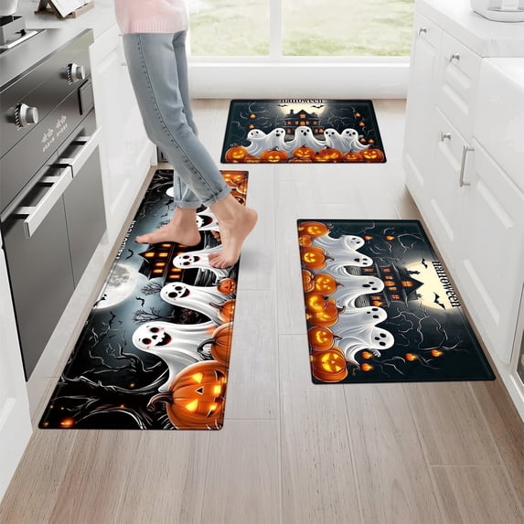 1/2/3 Pcs YIMEIS Happy Halloween Kitchen Mat Rug Set with Ghost & Skull Designs - Perfect for Kitchen Counter, 16''*24''/20''*32''/47''*18'', Functional for Decoration, for Halloween Lovers