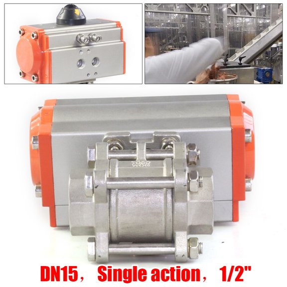 1/2" 3-Piece SUS 304 Stainless Steel Pneumatic Air Actuated Ball Valve Single Acting Spring Return
