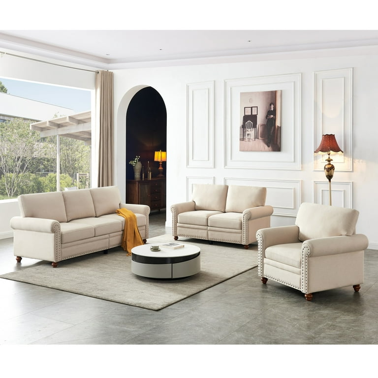 1 2 3 Seater Sectional Sofa Chair with Thick Detachable Cushions and Rolled Arm Linen Upholstered Sofa Couch with Nail Decoration Comfy Accent