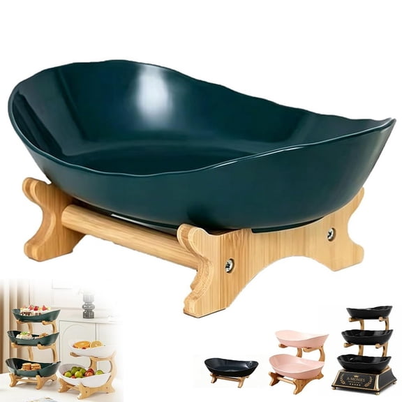 1/2/3 Tier Fruit Basket for Counter,Oval Plastic Fruit Bowl with Bamboo Stand,Detachable Kitchen Organizer Storage Display
