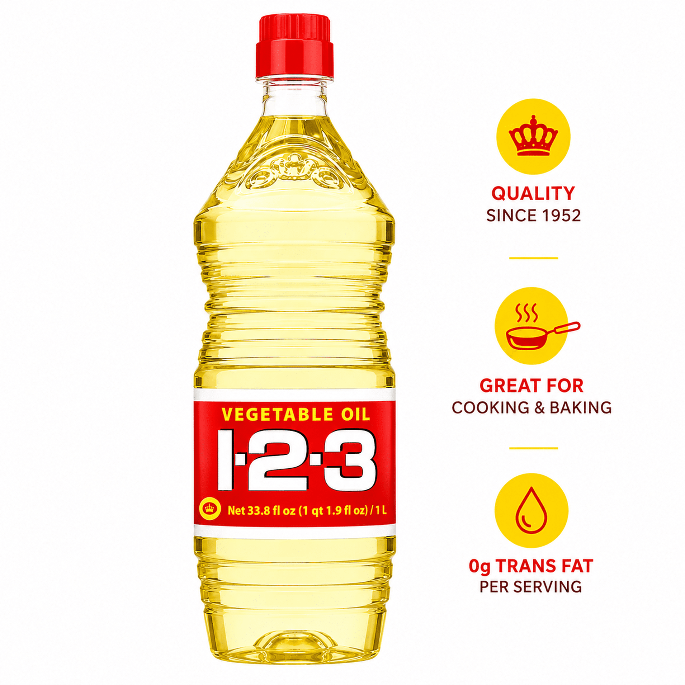 1-2-3 Vegetable Oil, All Purpose Cooking Oil for Frying and Baking, 33.8 fl oz