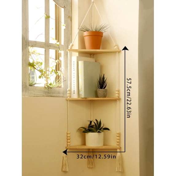 1/2/3-tier Floating Wall Shelf Wood Triangle Corner Display Stand Boho Home Decoration Living Room Bedroom Wall Hanging Decor