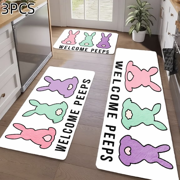 3PCS Kitchen Rugs, Welcome Door Mat set, Home Decoration for Front Door, Kitchen, Bathroom, Welcome Peeps Bunny Pattern Print Dining Mat, Great Gift for Woman.
