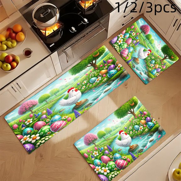 3PCS Mat Set, Welcome Door Rug, Home Decoration for Front Door, Kitchen, Bathroom, Chicken Eggs Flowers Trees Stream Spring Garden Scene Kitchen Mat, Great Gift for Woman.