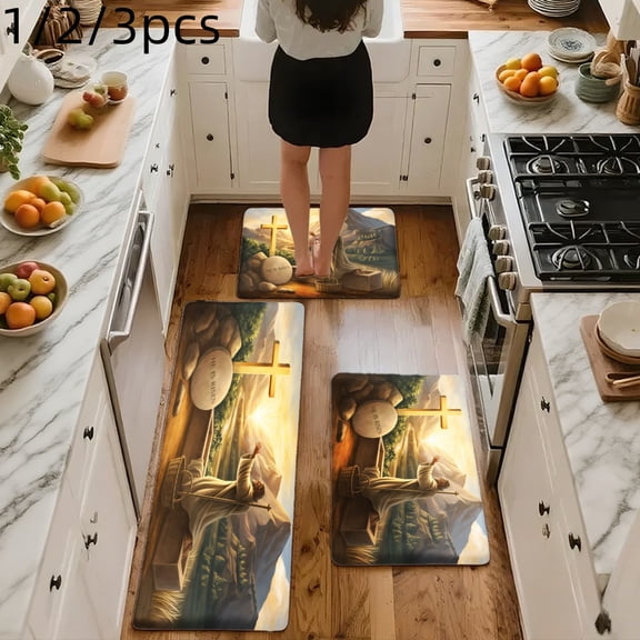 1/2/3PCS Mat Set, Welcome Door Rug, Home Decoration for Front Door, Kitchen, Bathroom, Cross Jesus Christ Resurrection Religious Scene Pattern Kitchen Mat, Great Gift for Woman.