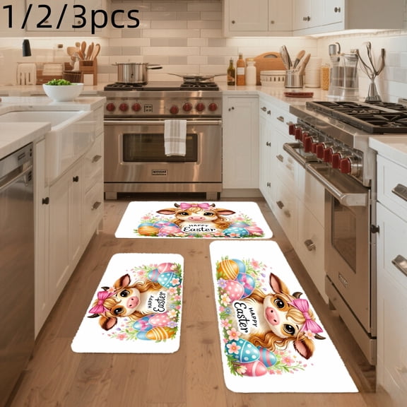 3PCS Mat Set, Welcome Door Rug, Home Decoration for Front Door, Kitchen, Bathroom, Cute Cow Easter Eggs Flowers Pattern Print Kitchen Mat, Great Gift for Woman.