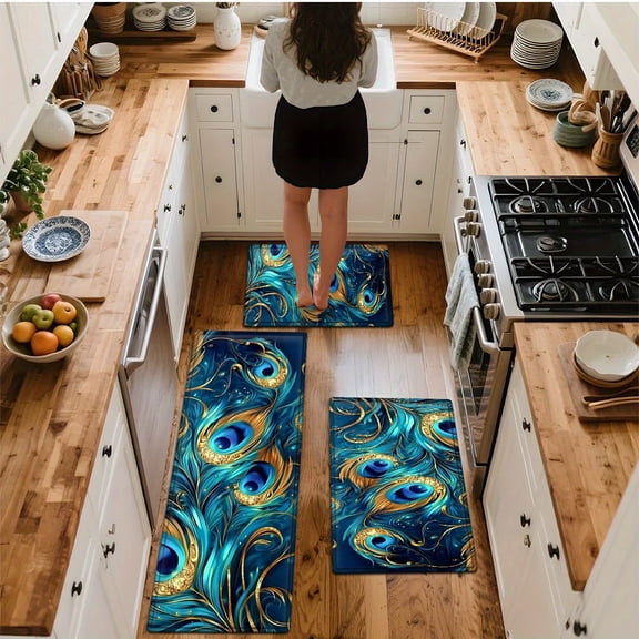 1/2/3Pcs Blue-Green Peacock Feathers Kitchen Rug Set, Art Deco Style, Soft Flannel, Non-Slip, Water-Absorbent, Washable Floor Mat for Living Room Laundry Bathroom