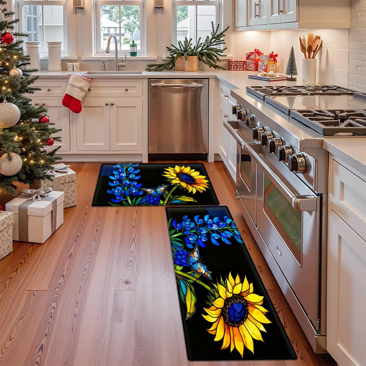 1/2/3pcs Blue Floral & Sunflower Soft Flannel Floor Mat Set - Absorbent ...