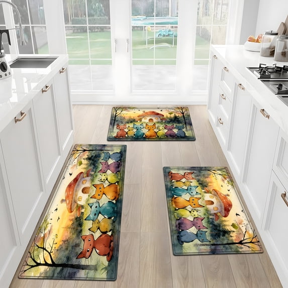 1/2/3pcs Forest Flannel Soft Kitchen Rugs Non Slip Washable, Throw Mat ...
