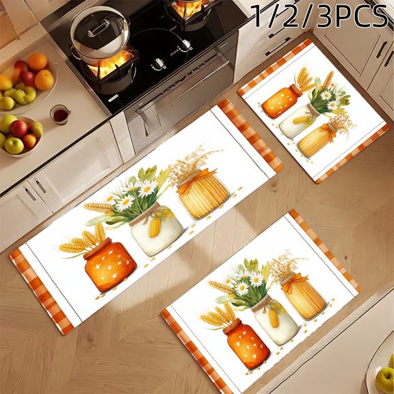 1/2/3pcs Kitchen Rugs, Welcome Door Mat Set, Home Decoration for Front Door, Kitchen, Bathroom, Mason Jars Corn Wheat Daisies Autumn Harvest Pattern Dining Mat, Great Gift for Woman