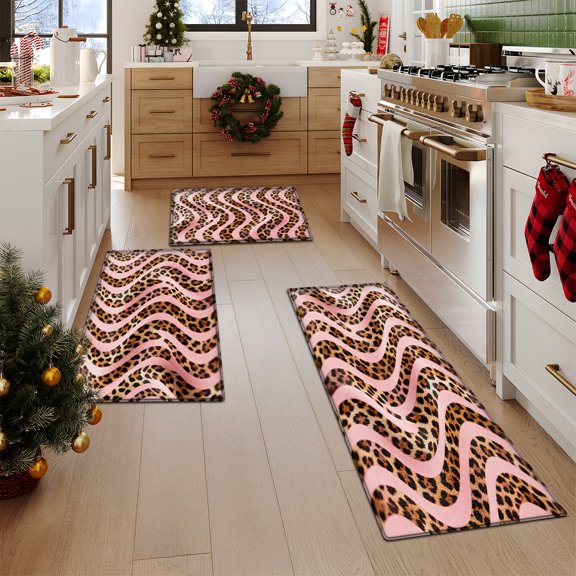1/2/3pcs Leopard Print Pink Wave Non-Slip Mat Set - Soft Flannel Floor Mats with Pink & Leopard Design, Washable Rugs, Bathroom, Laundry Room - Water-Absorbing /Outdoor ing ()