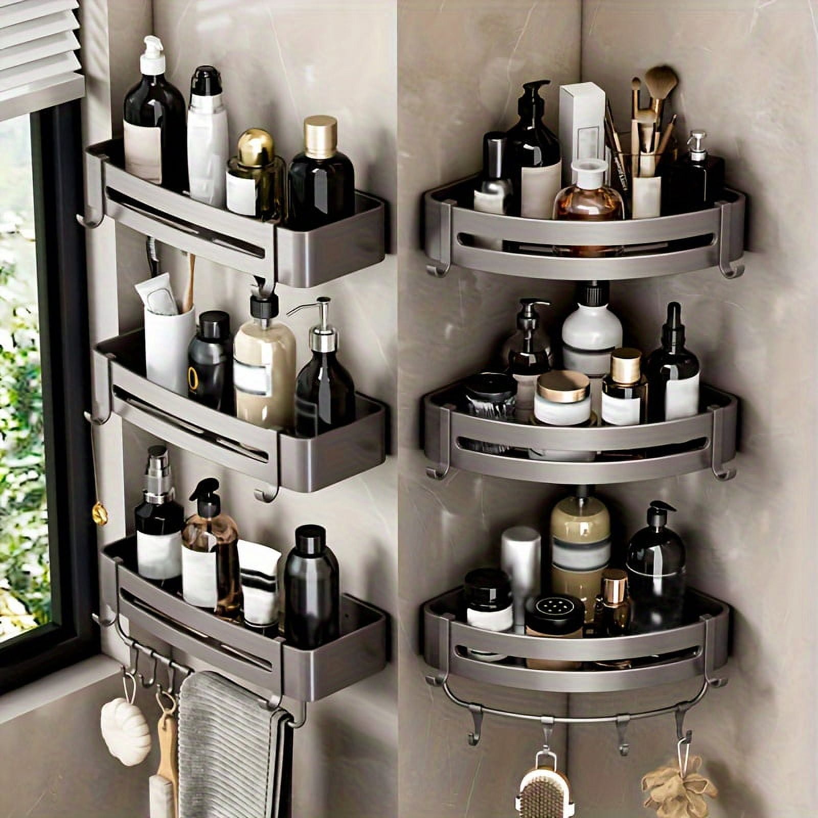 1/2/3pcs Non-Drill Aluminum Bathroom Storage Rack - Wall-Mounted Corner ...