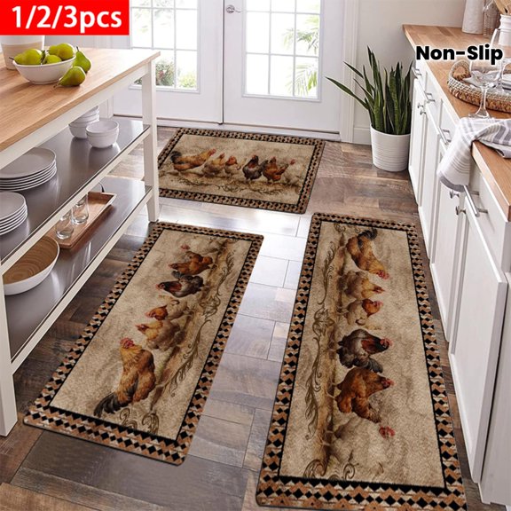 1/2/3pcs Rooster & Hen Kitchen Mat - Soft Flannel Non-Slip Mat Suitable for Bathroom, Bedroom, Living Room, Porch - PVC Backing, Machine Washable, Spring/Easter Decor, Cozy