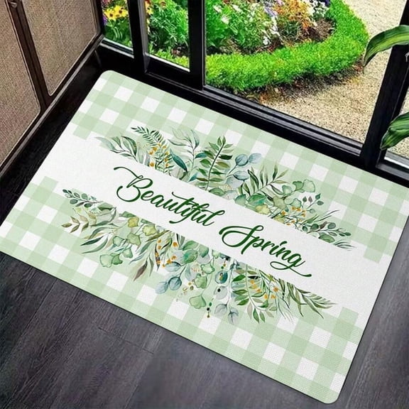 1/2/3pcs Spring Floral Welcome Mat - Non-Slip Soft Flannel Indoor Door Mat With Green & Checkered Border, Pastel Floral Pattern In Mint Green