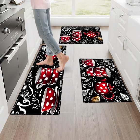 1/2/3pcs Teapot & Teacup Non-Slip Mat Suitable, Bathroom, Laundry - Soft Flannel Floor Mat with Cushioning, Machine Washable Water-Absorbing, Adhesive Backing for, Runner, Area Mat Decor