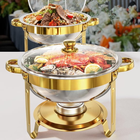 1/2/4 PACK Commercial/ Chafing Dish Buffet Set - 6Qt Round Stainless Steel Catering Equipment with Lid & Fuel Holder, Golden for Weddings, Buffets, Catering (Sterno Compatible), only for Cooking