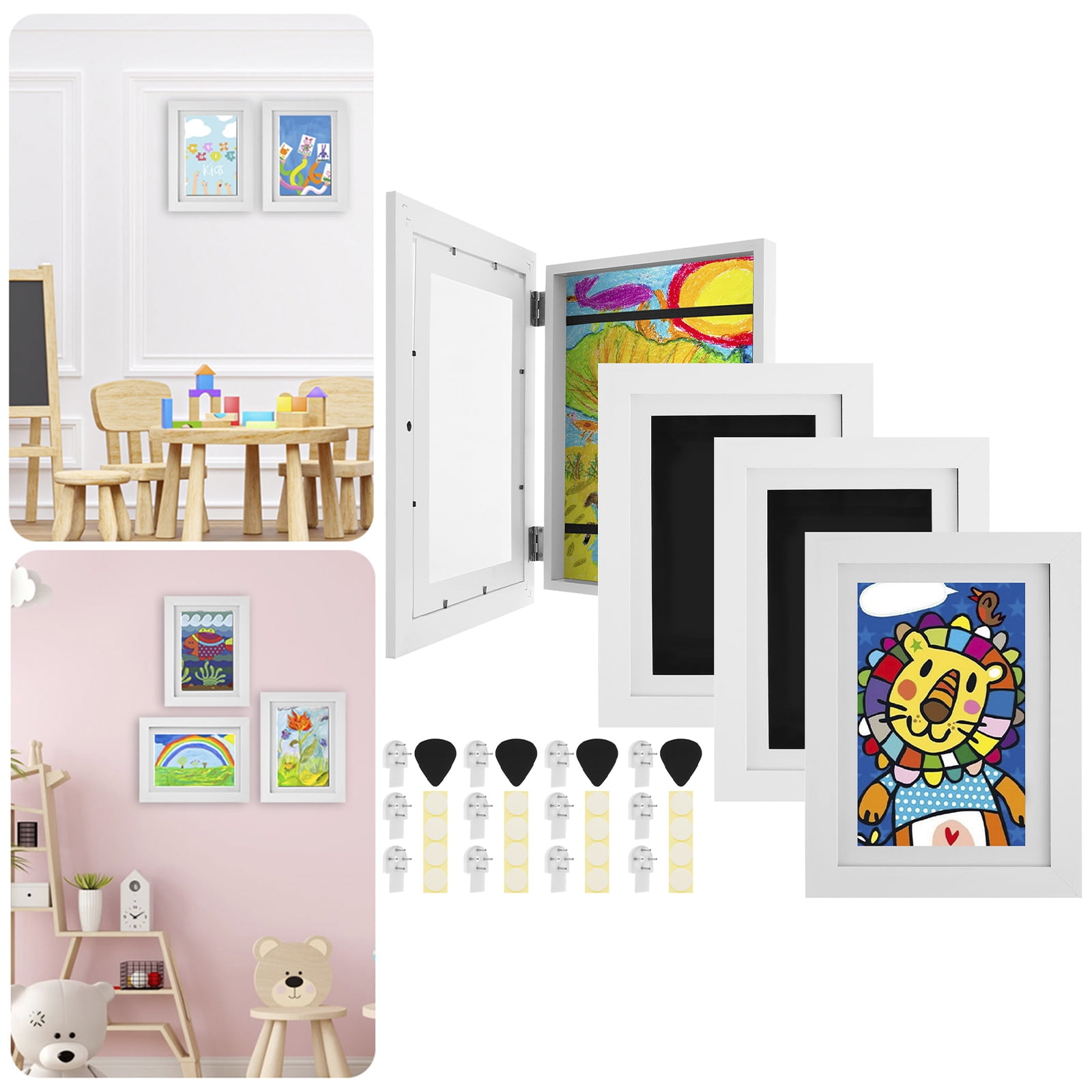 2Pcs Kids Art Frame Set A4 Front Opening Photo Frames With Stand Wooden