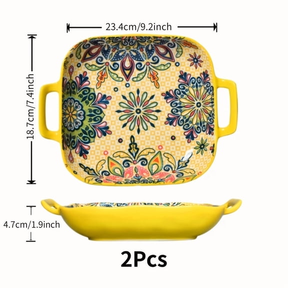 1/2/4-Piece Bohemian Ceramic Plate Set - Square Handled Salad Plates - For Steak, Pasta, Fruit - Home & Restaurant Use - Stylish & Functional