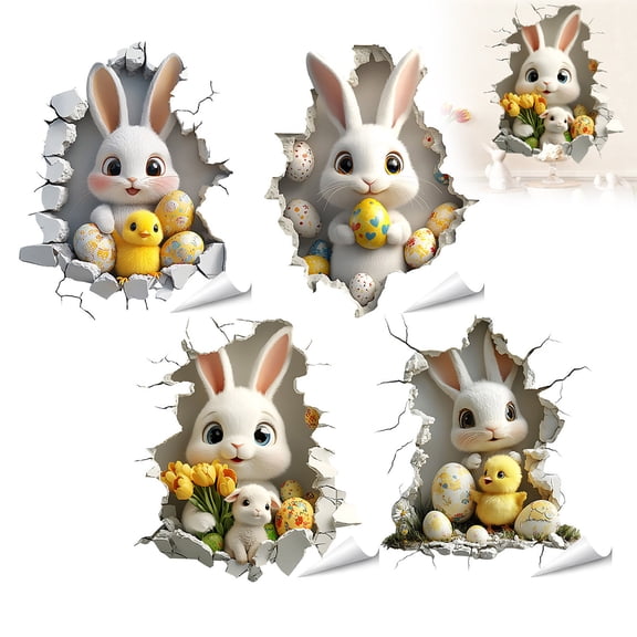 1/2/4pcs Easter Cute Rabbit Chicks and Eggs Breaking Wall Window Easter Stickers Decorations, Easter Decals Decor Rabbit Window Stickers Decor for Home School Party Decoration Supplies