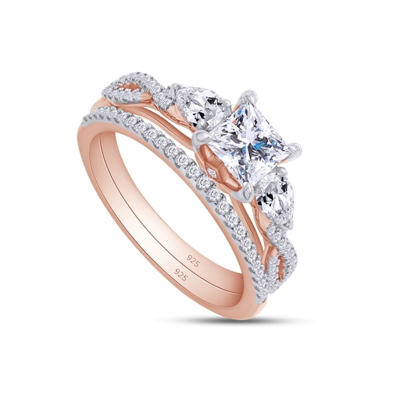 AFFY 1.40CT Princess & Pear Moissanite Diamond 3-Stone Bridal Set Ring for Women 14K Rose Gold over Silver-6