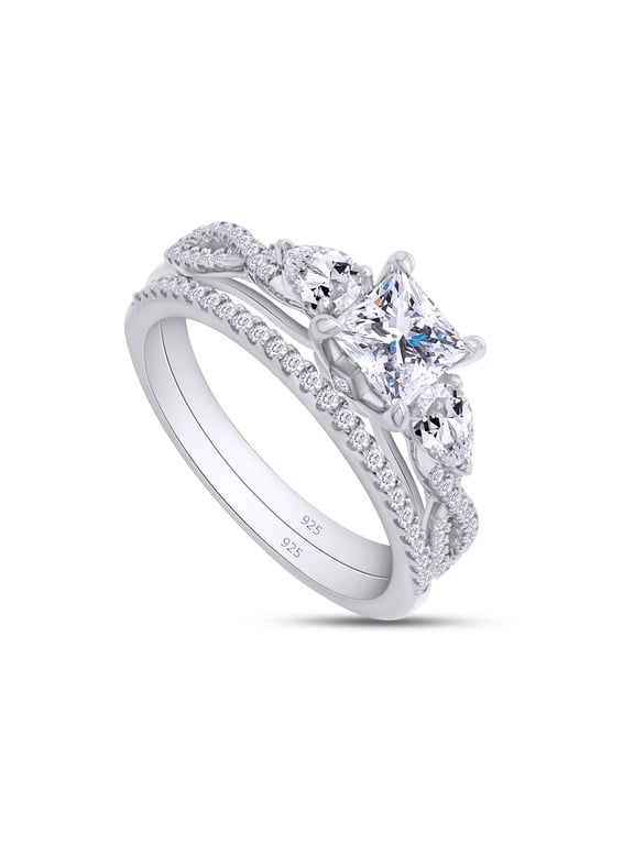 1.40CT Princess & Pear Moissanite Diamond 3-Stone Bridal Set Ring for Women 14K White Gold over Silver-10