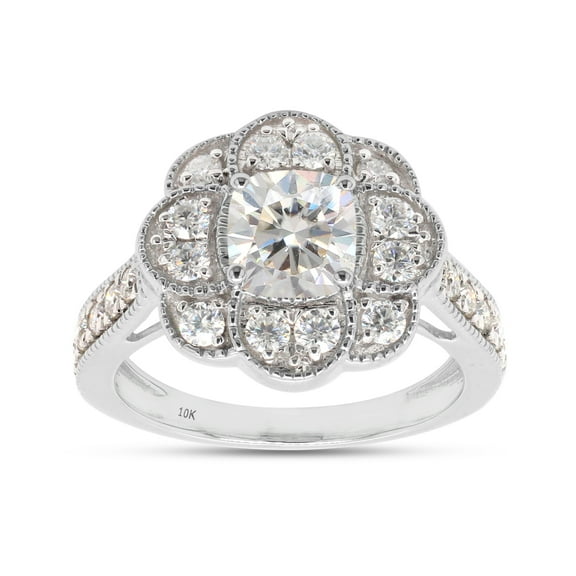 1 2/5 ct.t.w Center 6MM Cushion Cut Lab Created Moissanite Diamond Floral Halo Engagement Ring In 10K Solid White Gold (G-H Color, VVS1 Clarity, 1.40 Cttw)-9.5
