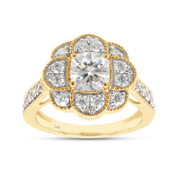 1 2/5 ct.t.w Center 6MM Cushion Cut Lab Created Moissanite Diamond Floral Halo Engagement Ring In 14K Solid Yellow Gold (G-H Color, VVS1 Clarity, 1.40 Cttw)-5.5