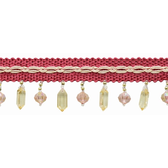 1" (2.5cm) Beaded Briolette & Baguette Tassel with Pretty Knitted Gimp Header | Fringe Trim # BG0078,, Strawberry Pink #BA007 (Magenta Pink, Pink Red, Light Beige) Sold By The Yard (36"/3 ft/0.9m)