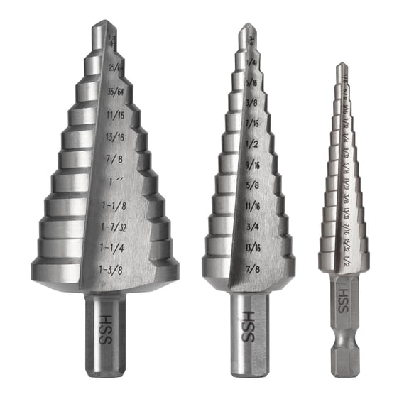 1/2" 7/8" 1-3/8" HSS Step Drill Bit Unibit Set Hole Drilling | High Speed Steel Step Drill bits; Double Straight Flutes; For Sheet Metal, Copper, Aluminum, Wood, Plastic