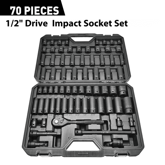 1/2" - 70PCS Pneumatic Socket Set, Metric Long & Short Sockets (8-24mm), SAE Long & Short Sockets (5/16" - 1-1/4"), Heavy-Duty Tool Set for Automotive Repair and Industrial Use
