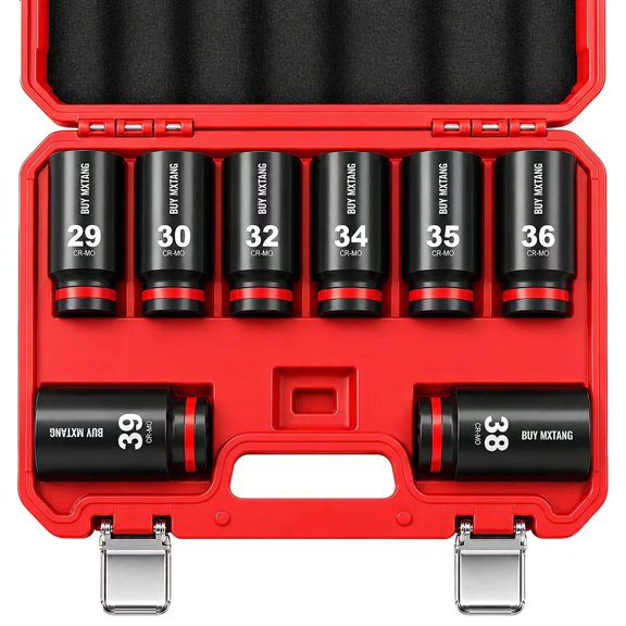 1/2" 9PCS Socket Set, Axle Nut Socket, Impact Socket 1/2 Drive Socket 29mm,30mm,31mm,32mm,33mm,34mm,35mm,36mm,38mm Socket,6 Point