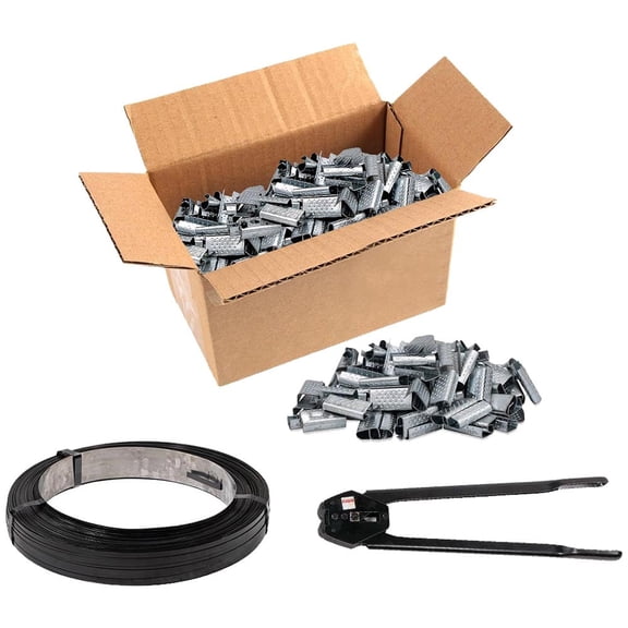 1/2" Black Steel Strapping Kit with Snap-On Strapping Metal Seal Clips & 1/2" to 3/4" Manual Crimper Tool Complete Heavy-Duty Bundling Set for Pallets & Packaging