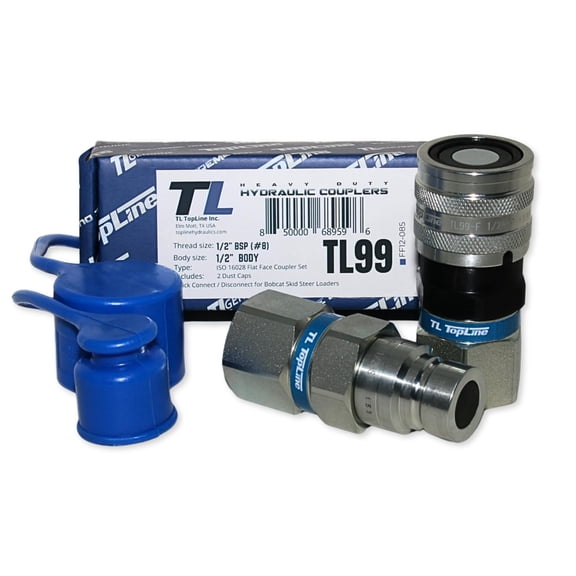 1/2" Body with 1/2" BSP (British Standard Pipe) Thread | Flat Face Hydraulic Quick Connect Coupler | Skid Steer Bobcat Attachment | ISO 16028 Heavy-Duty Coupling Sets with Dust Caps | Model TL99