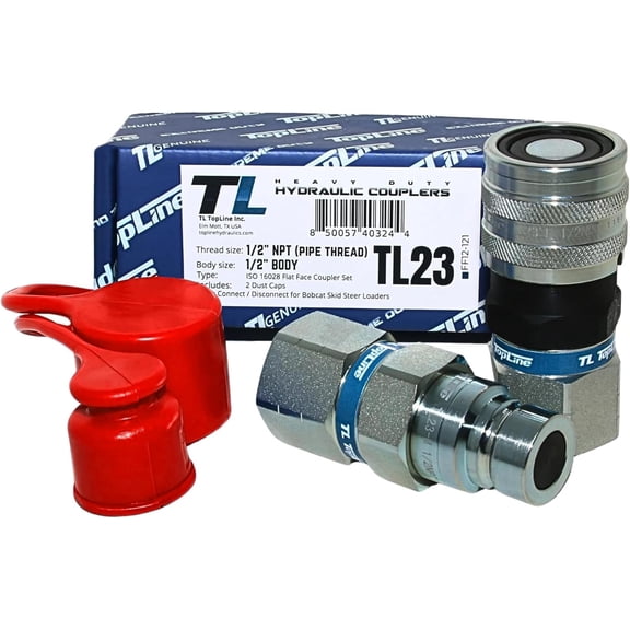 1/2" Body with 1/2" NPT Thread, Hydraulic Quick Connect Coupler, Flat Face, ISO 16028, Heavy-Duty Coupling Set with Dust Caps for Skid Steer Bobcat Attachment | Model TL23
