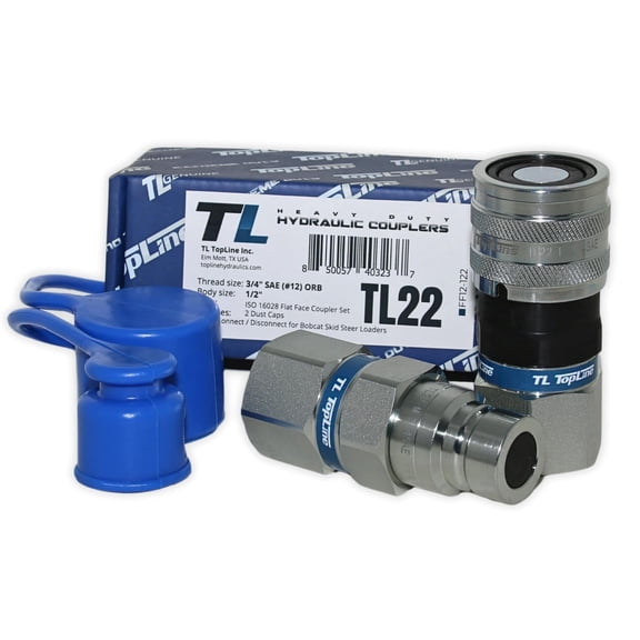1/2" Body with 3/4" SAE O-Ring BOSS Thread, Hydraulic Quick Connect Coupler, Flat Face, ISO 16028, Heavy-Duty Coupling Set with Dust Caps for Skid Steer Bobcat Attachment | Model TL22