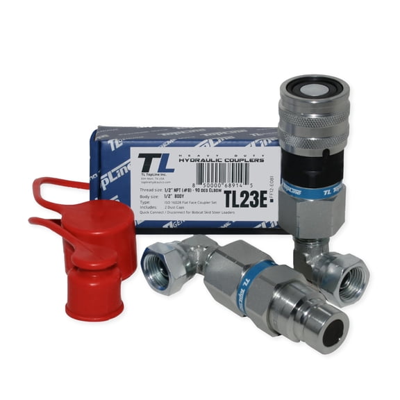 1/2" Body with 90 deg. Elbow 1/2 NPT Pipe Thread | Flat Face Hydraulic Quick Connect Coupler | Skid Steer Bobcat Attachment | ISO 16028 Heavy-Duty Coupling Sets with Dust Caps | Model TL23E