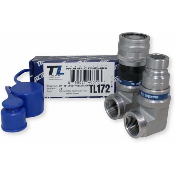 1/2" Body with 90 deg. Elbow 3/4" NPT Thread | Flat Face Hydraulic Quick Connect Coupler | Skid Steer Bobcat Attachment | ISO 16028 Heavy-Duty Coupling Sets with Dust Caps | Model TL172