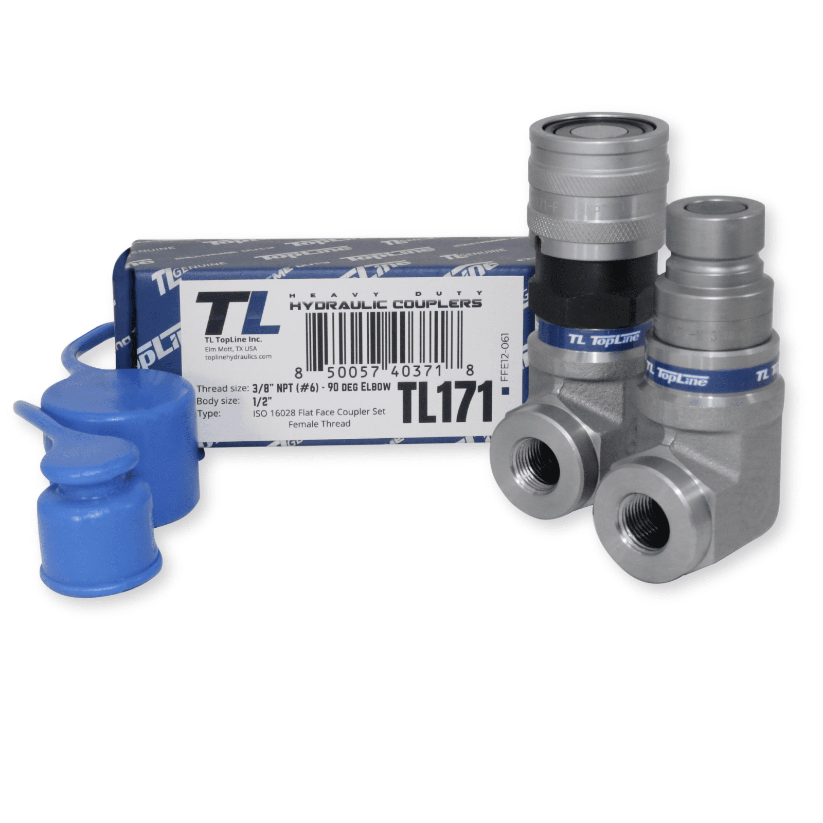 3/8 NPT Flat Face Hydraulic Quick Coupler Set – 1/2 Body ISO 16028, With Dust Caps, For Bobcat Skid Steer & Attachments (5076 PSI)