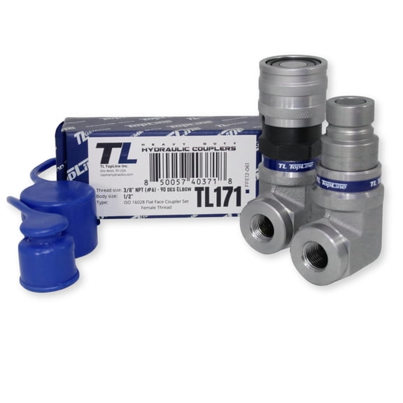 1/2" Body with 90 deg. Elbow 3/8" NPT Thread | Flat Face Hydraulic Quick Connect Coupler | Skid Steer Bobcat Attachment | ISO 16028 Heavy-Duty Coupling Sets with Dust Caps | Model TL171