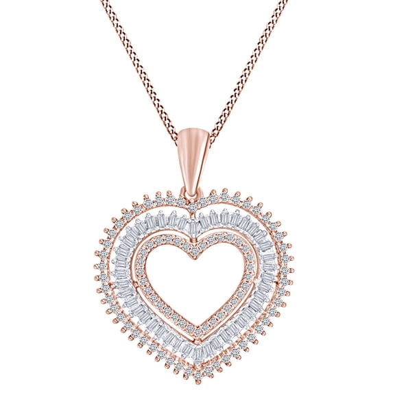 AFFY 1/2 CT Baguette/Round White Natural Diamond Triple Heart Pendant Necklace 14k Rose Gold Over Sterling Silver 18" Chain (I-J Color, I2-I3 Clarity, 0.50 CT)